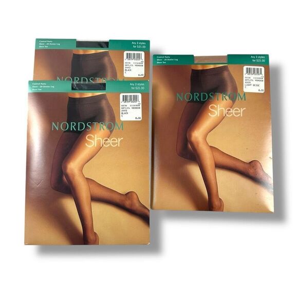 Nordstrom Control Panty Sheer Nylons Set Of 3 Black Beige Sheer Toes Size C New - Picture 1 of 6
